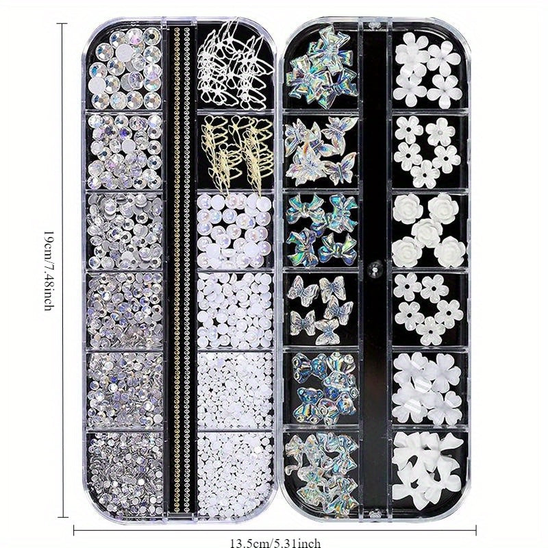 2pcs Luxurious Nail Art Decoration Kit with Sparkling Crystals & Pearls - Includes Aurora Butterfly, Flower, Bow Designs in Organizer Boxes - Ideal for DIY Nail Art & Crafts, Easy to Apply on Natural or Artificial Nails